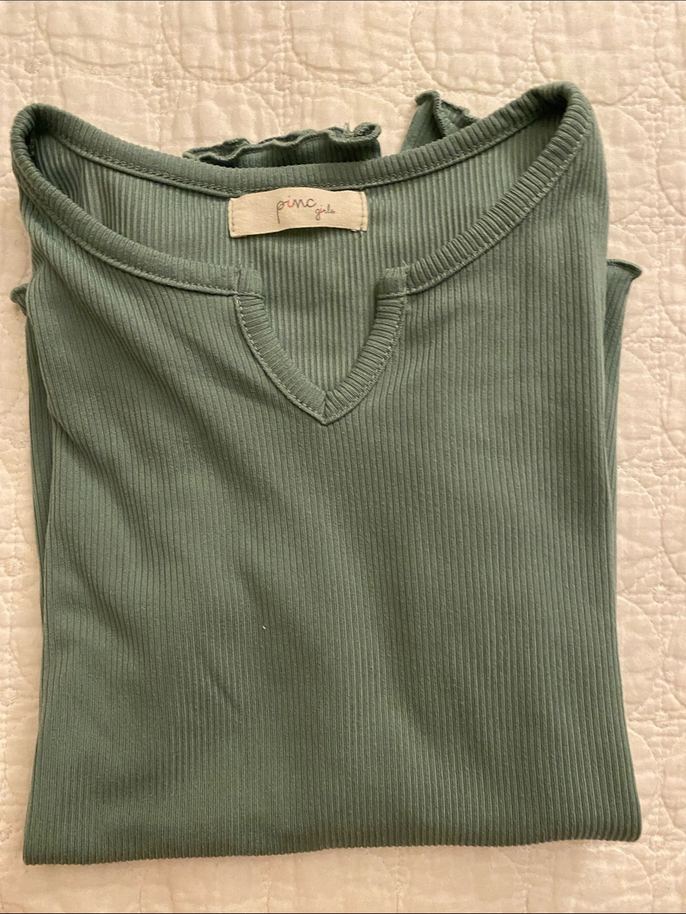 Pinc girls Sage Green Ribbed Long Sleeve Top with Notch Neckline